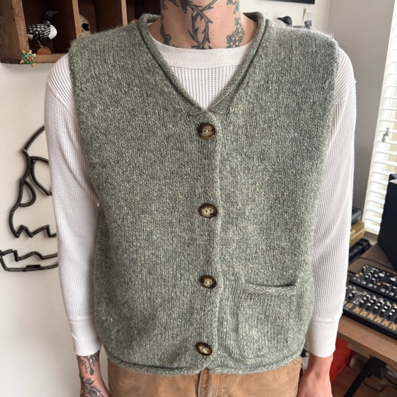 L.L. Bean Sweaters - Vintage 80s LL Bean Wool Rayon Blend Green Knit Cardigan Sweater Vest ~ Size M